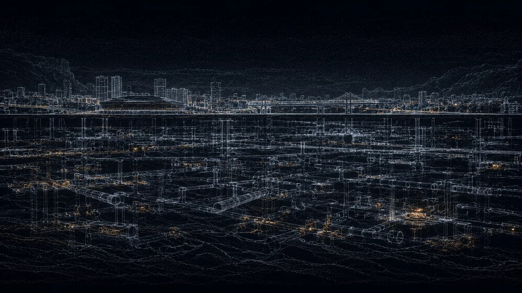 a wireframe city schematic
