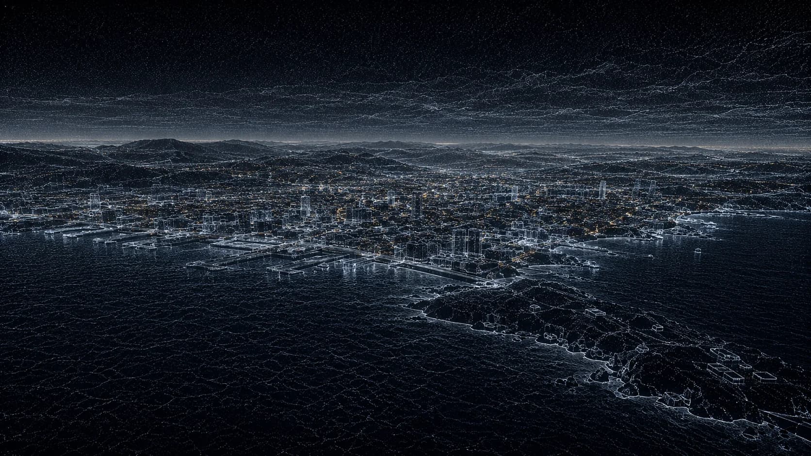 aerial view of a city at night